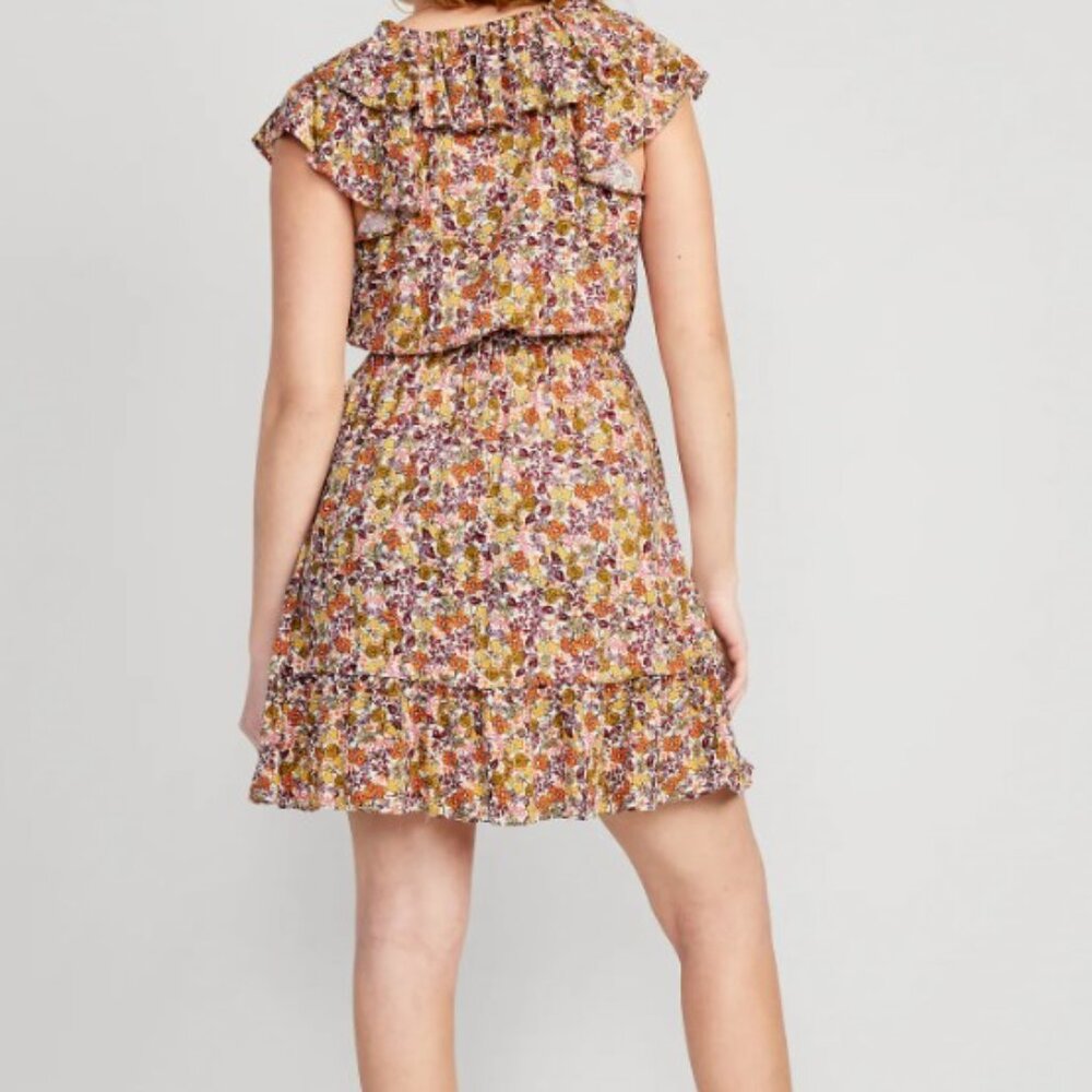 Old Navy Mini Dress Floral Waist-Defined Flutter-Sleeve Sz XXL Boho Peasant - Picture 2 of 11